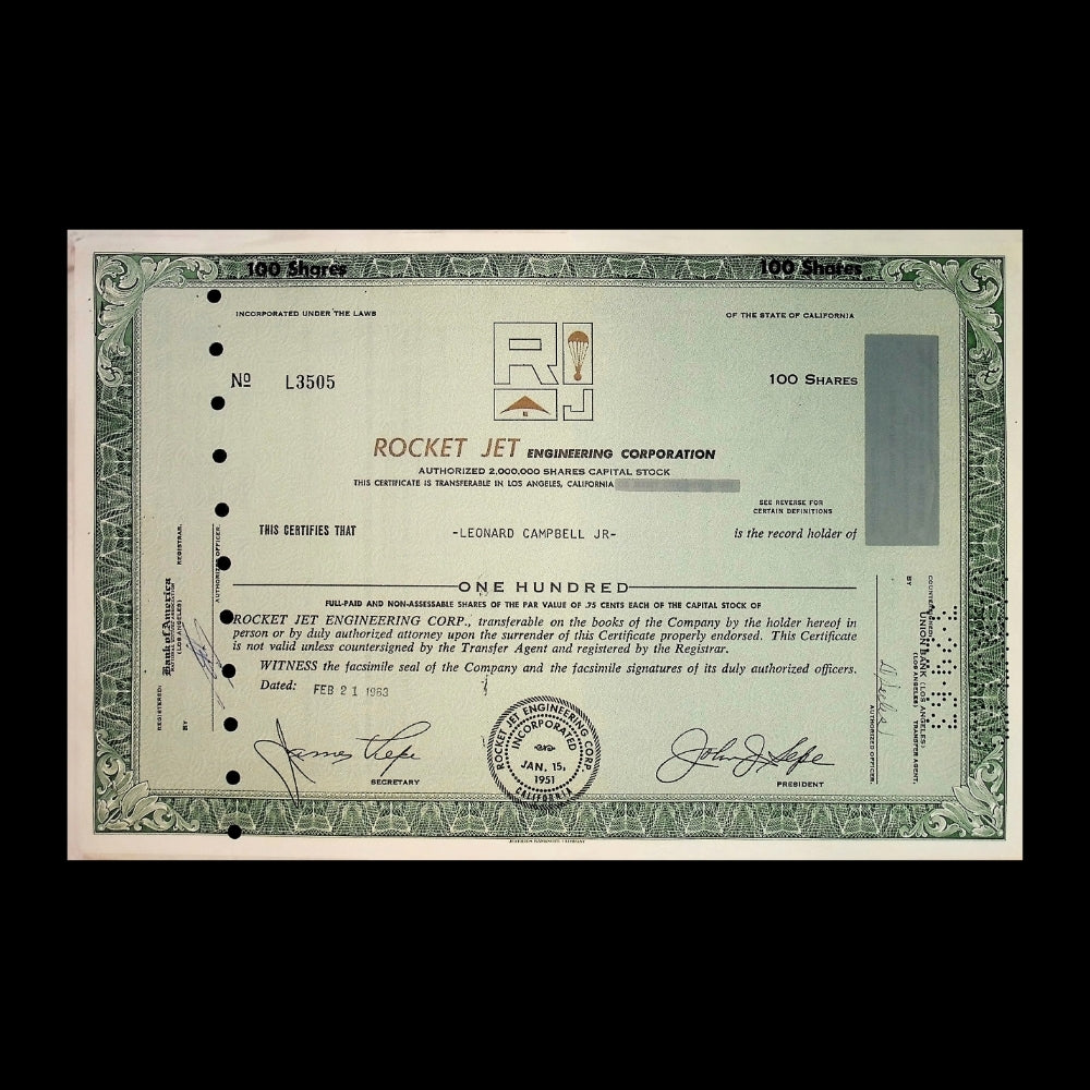 Rocket Jet Engineering Corporation Stock Certificate with Parachute Print from 1960s - 2x combo
