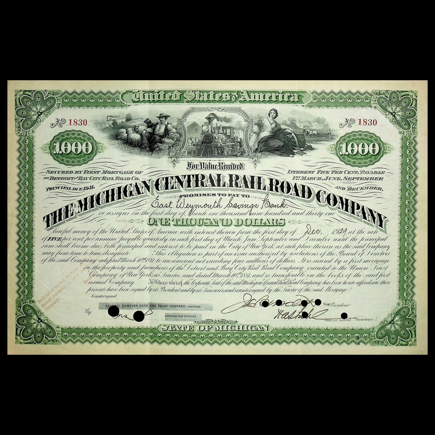 Michigan Central Railroad Company Bond Certificate from 1930s