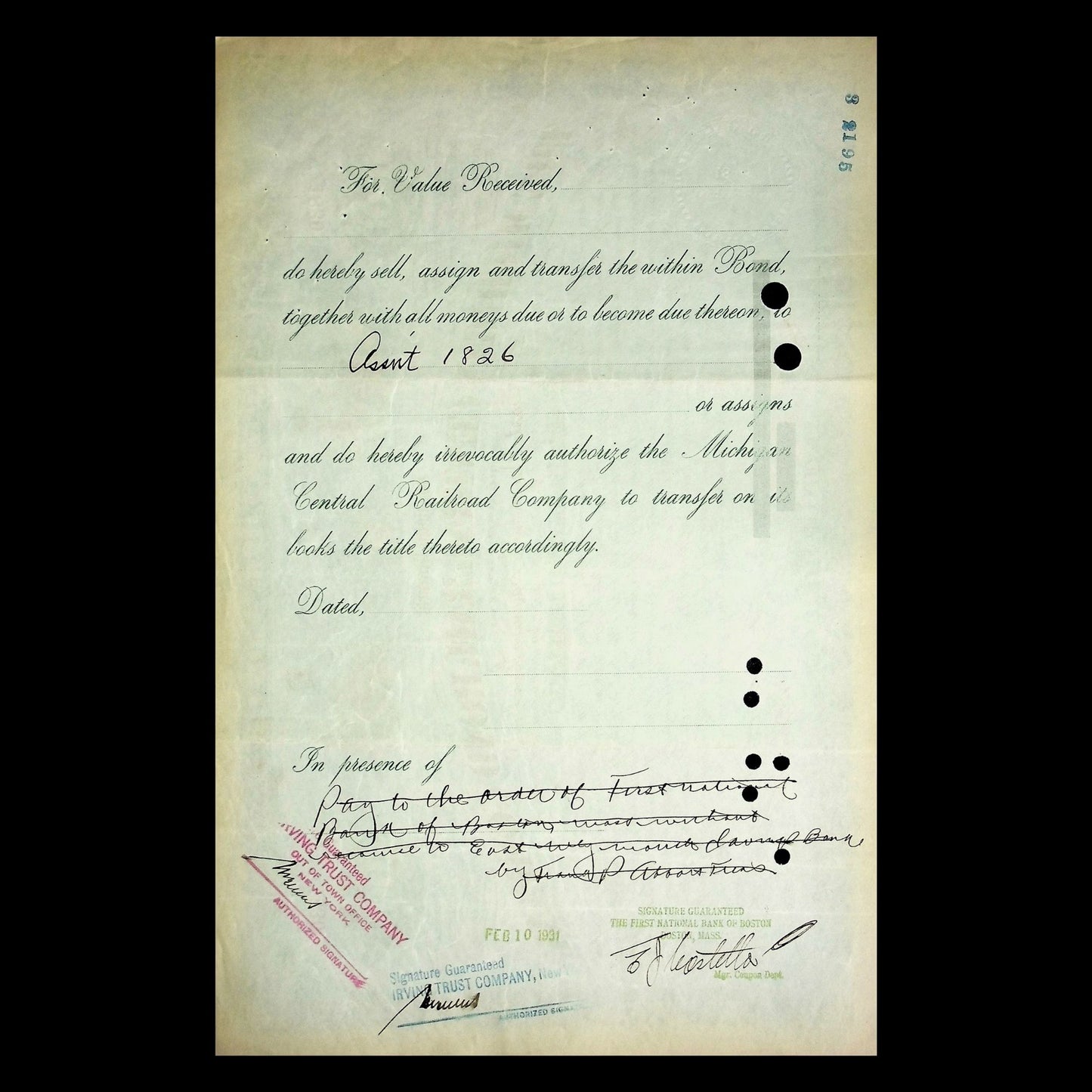 Michigan Central Railroad Company Bond Certificate from 1930s