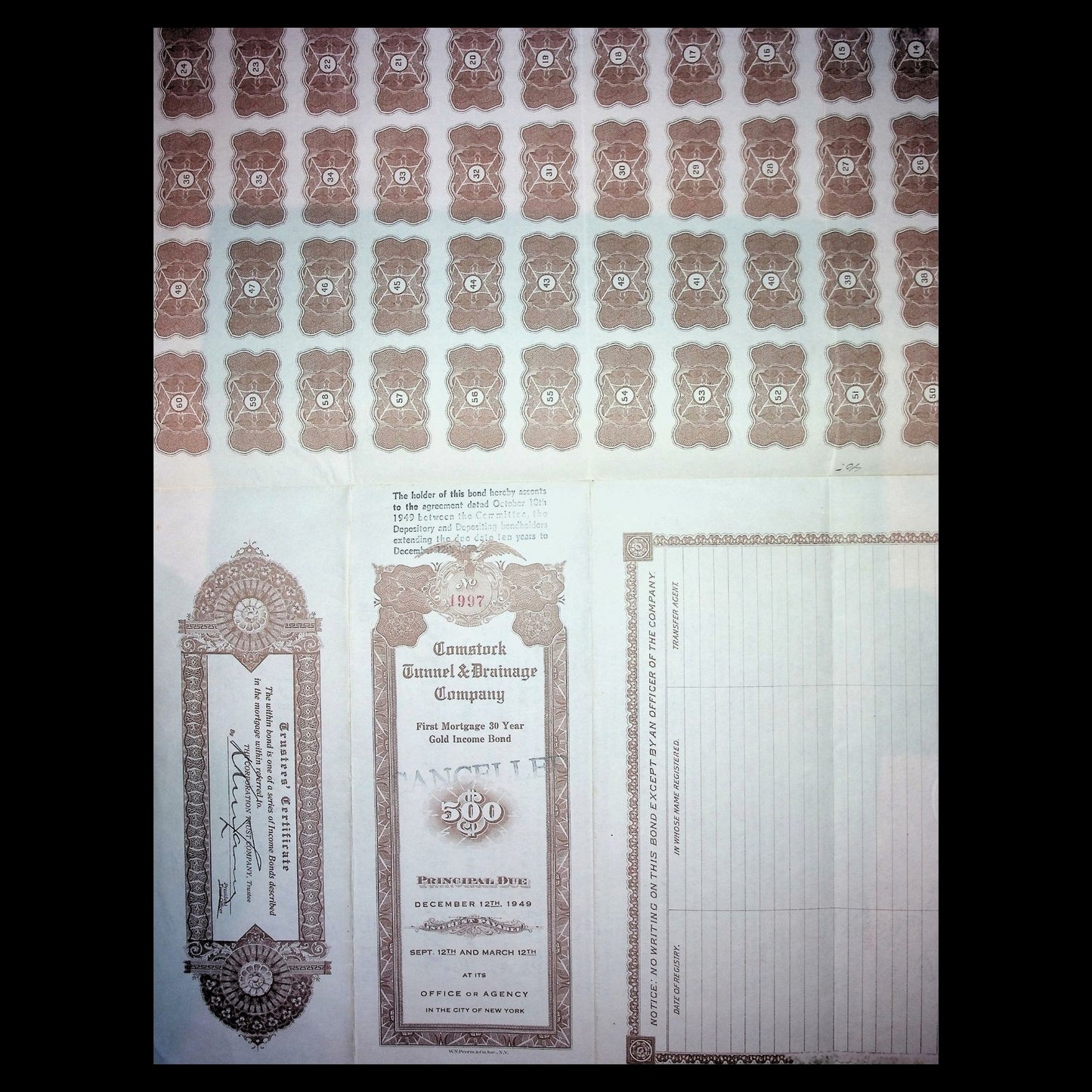 Comstock Tunnel & Drainage Company from Nevada - Bond Certificate from 1919