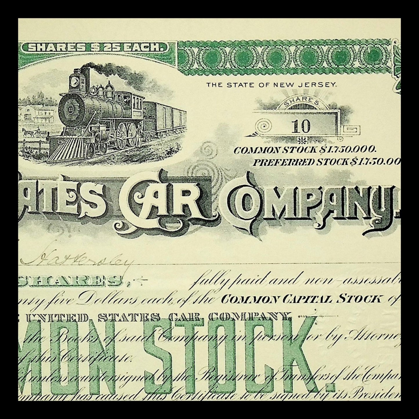 The United States Car Company Stock Certificate from 1894
