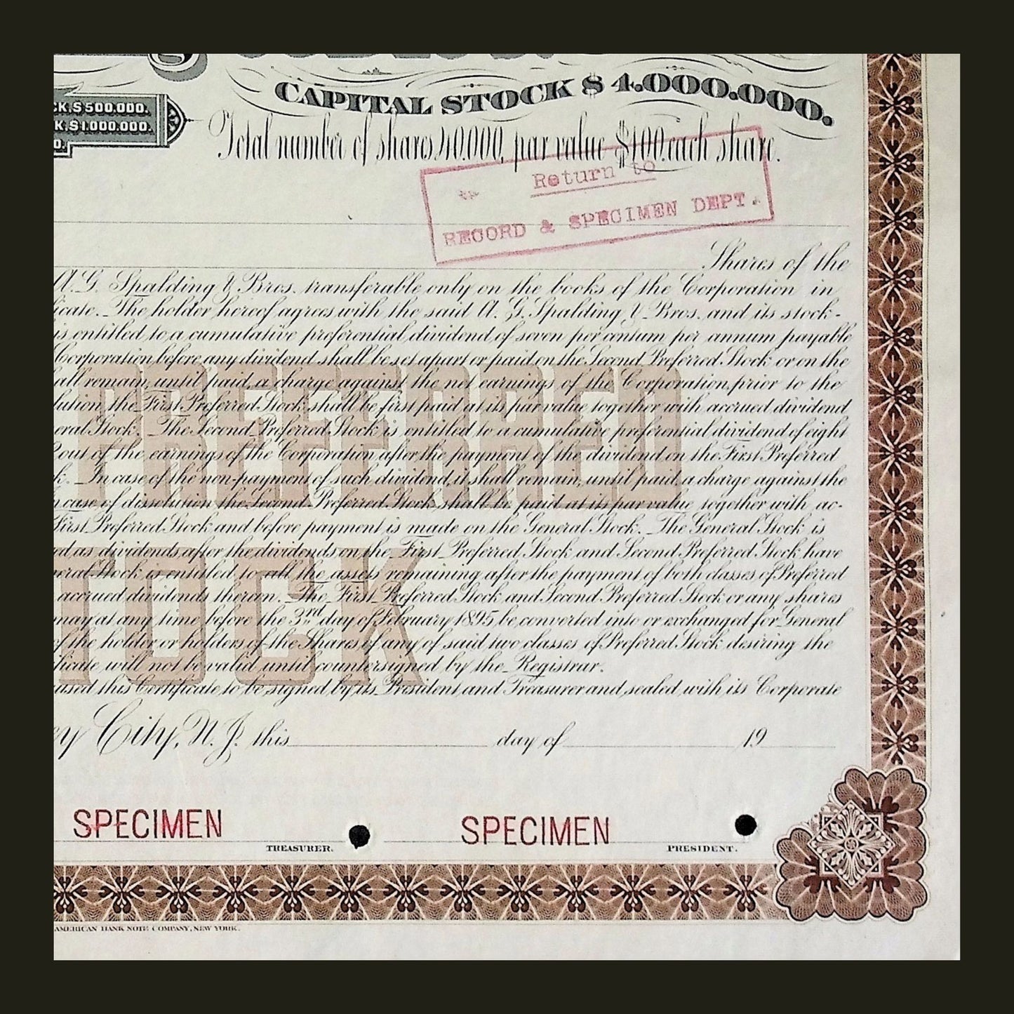 A. G. Spalding & Bros Stock Certificate Specimen early 1900s