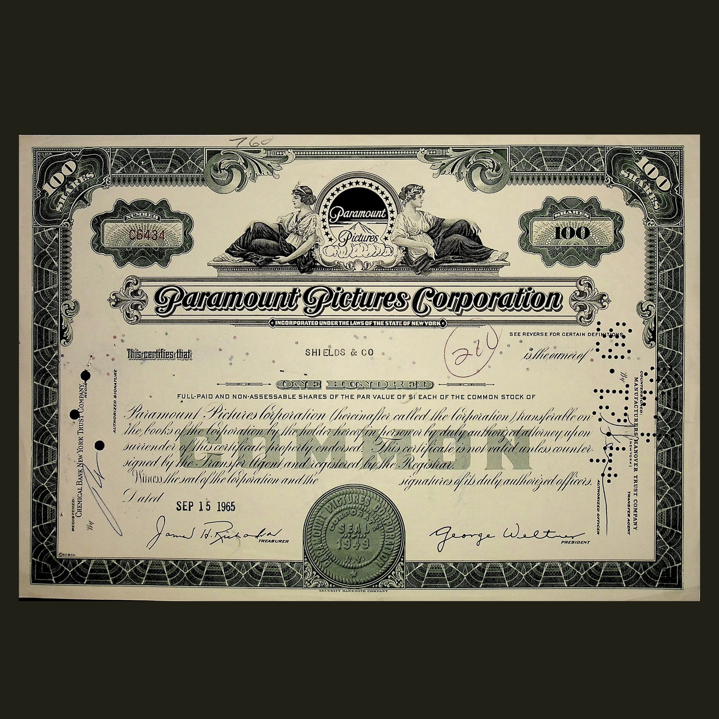 Paramount Pictures Stock Certificate from 1960s