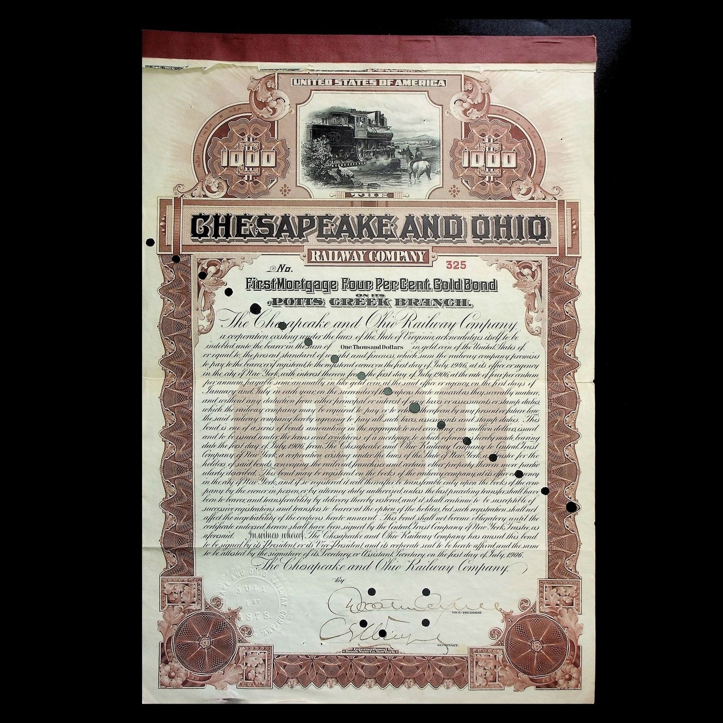 Chesapeake and Ohio Railway Company Bond Certificate from 1906