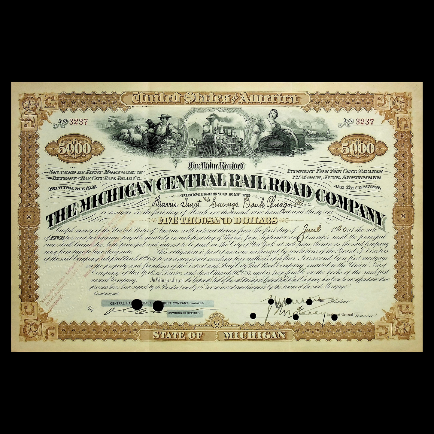Michigan Central Railroad Company Bond Certificate from 1930s