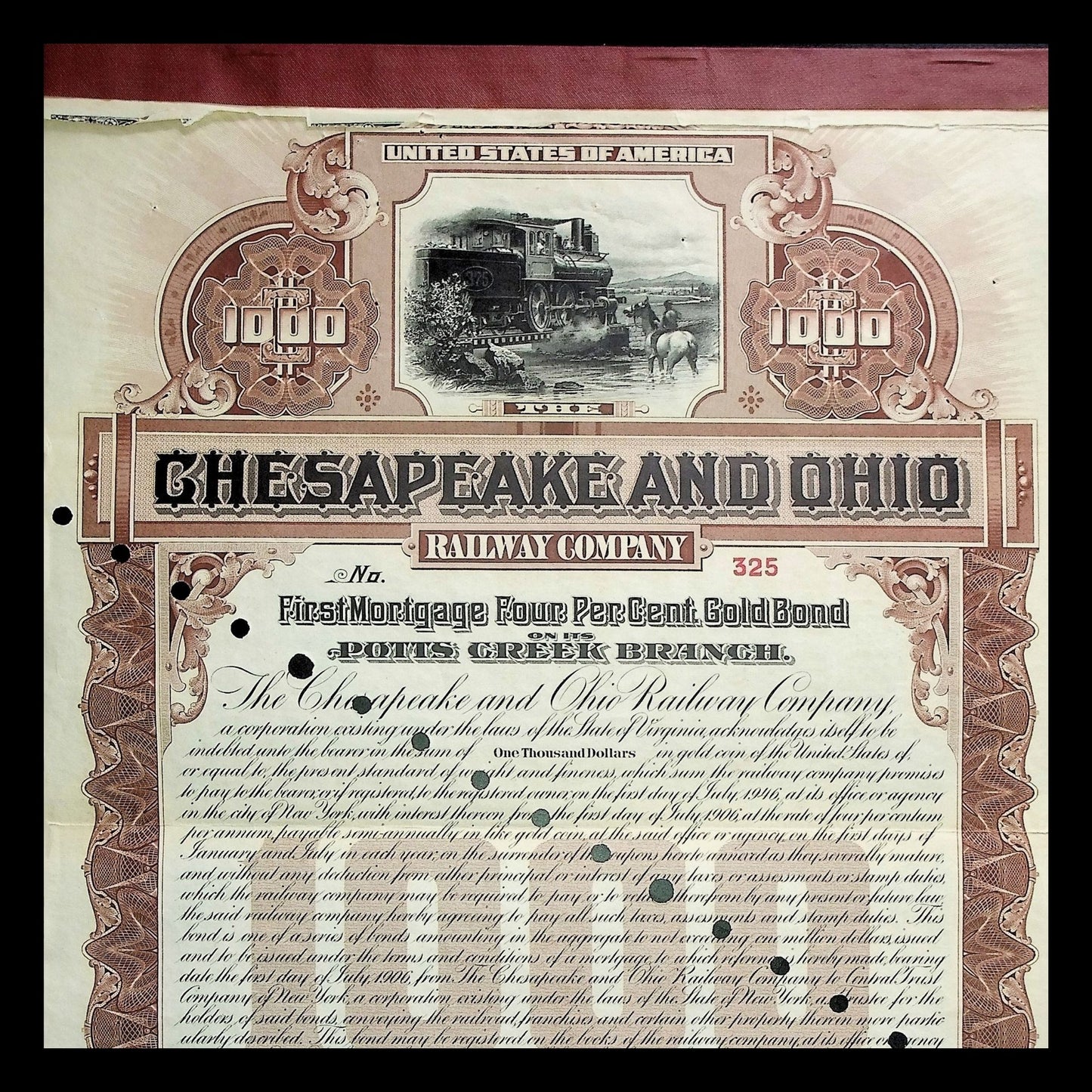 Chesapeake and Ohio Railway Company Bond Certificate from 1906