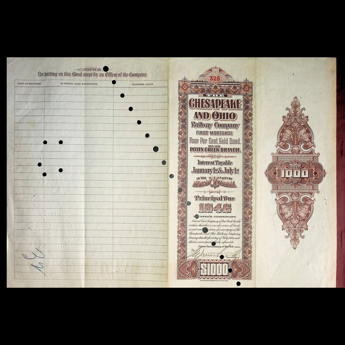 Chesapeake and Ohio Railway Company Bond Certificate from 1906
