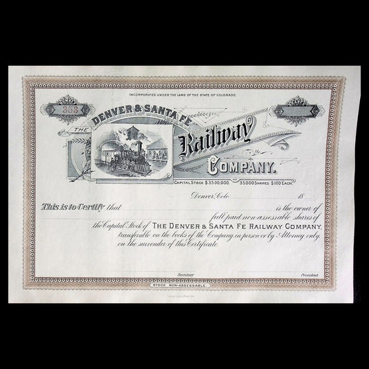 The Denver and Santa Fe Railway Company late 1800s Unissued Stock Certificate
