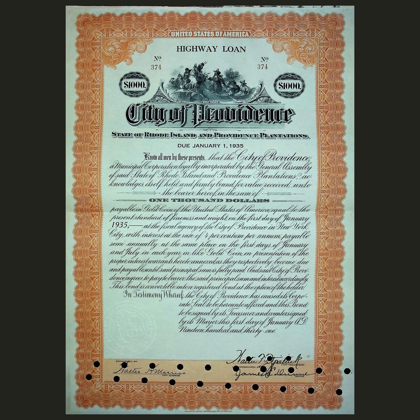 罗德岛州普罗维登斯市 1915/1930 年 1,000 美元公路/水利贷款债券