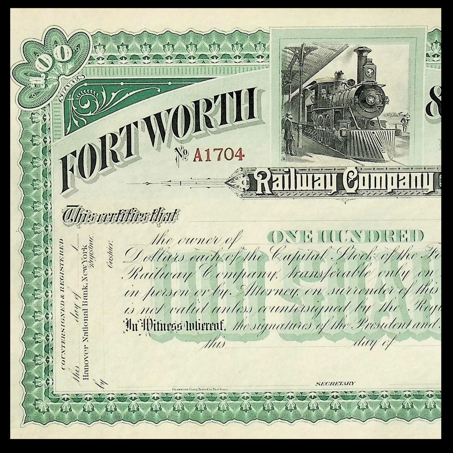 Forth Worth & Rio Range Railway Company Unissued Stock Certificate early 1900s