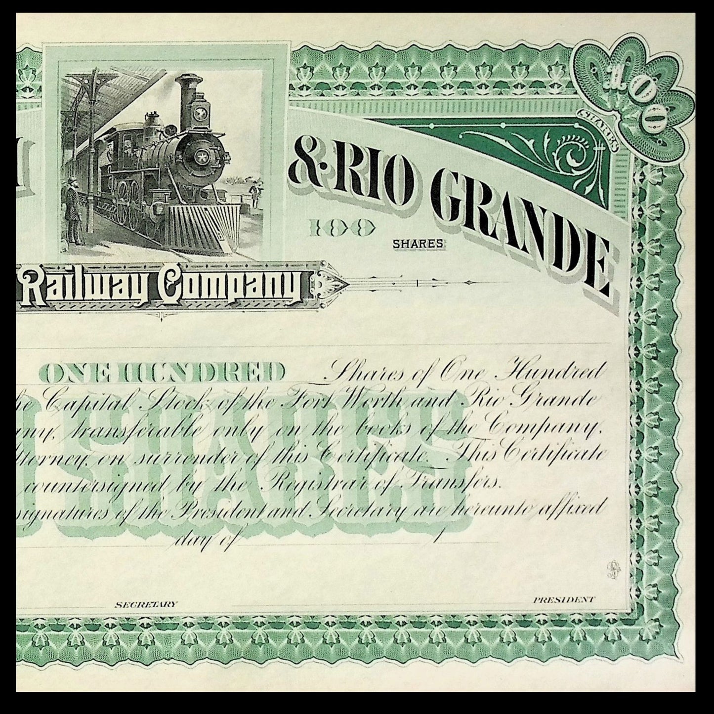Forth Worth & Rio Range Railway Company Unissued Stock Certificate early 1900s