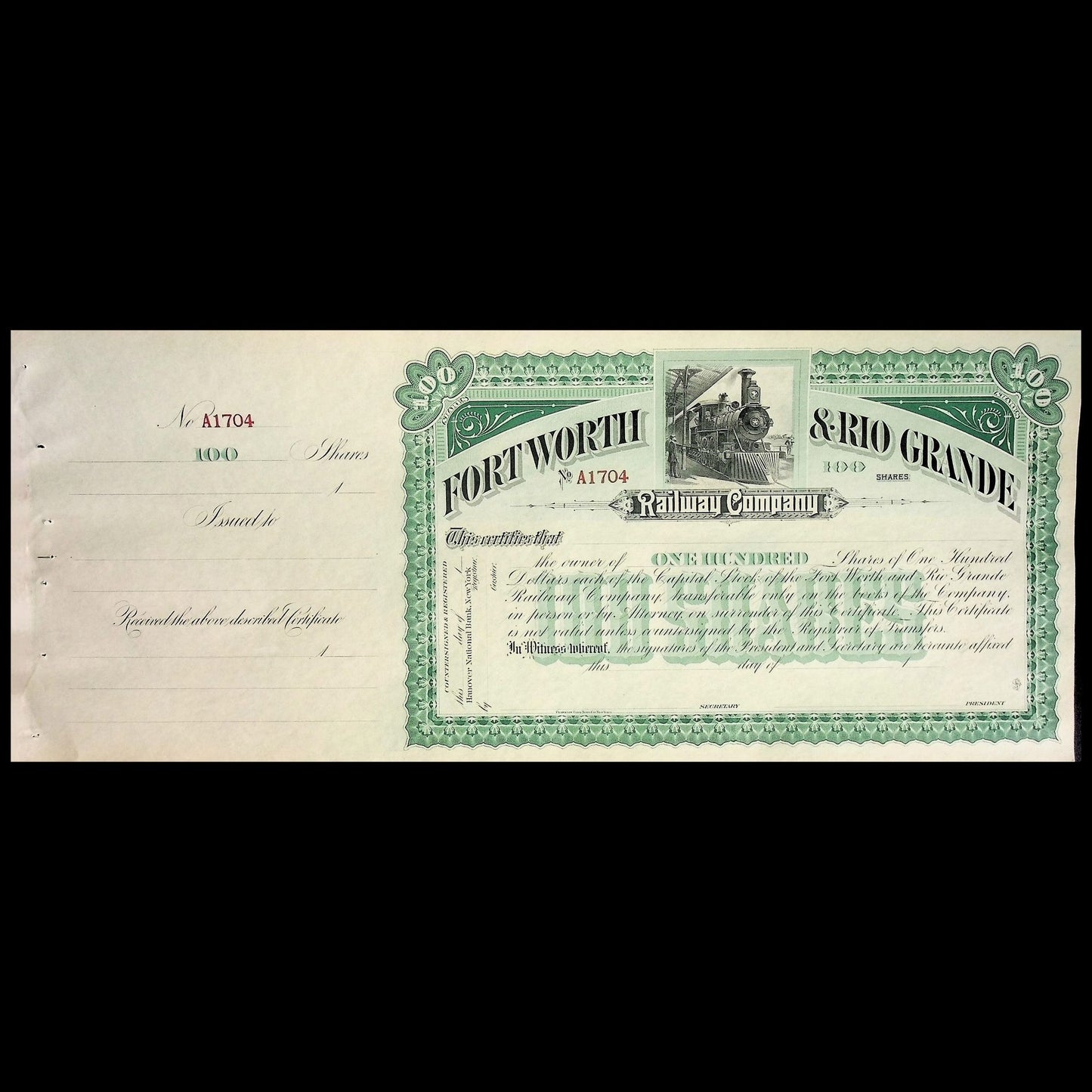 Forth Worth & Rio Range Railway Company Unissued Stock Certificate early 1900s