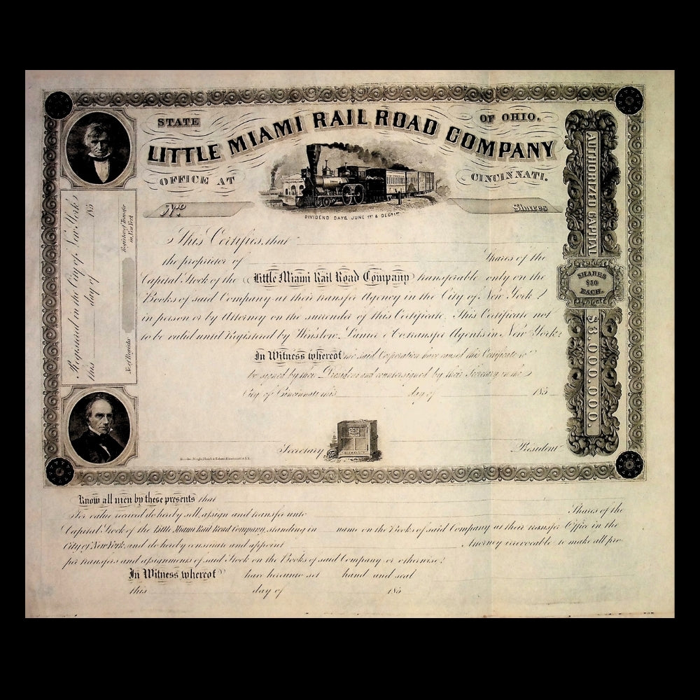 Little Miami Railroad Company Unissued Stock Certificate from 1850s