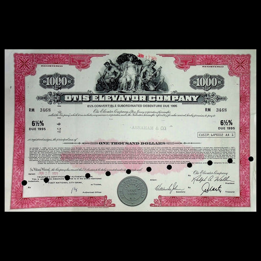 Otis Elevator Bond Certificate from 1970s