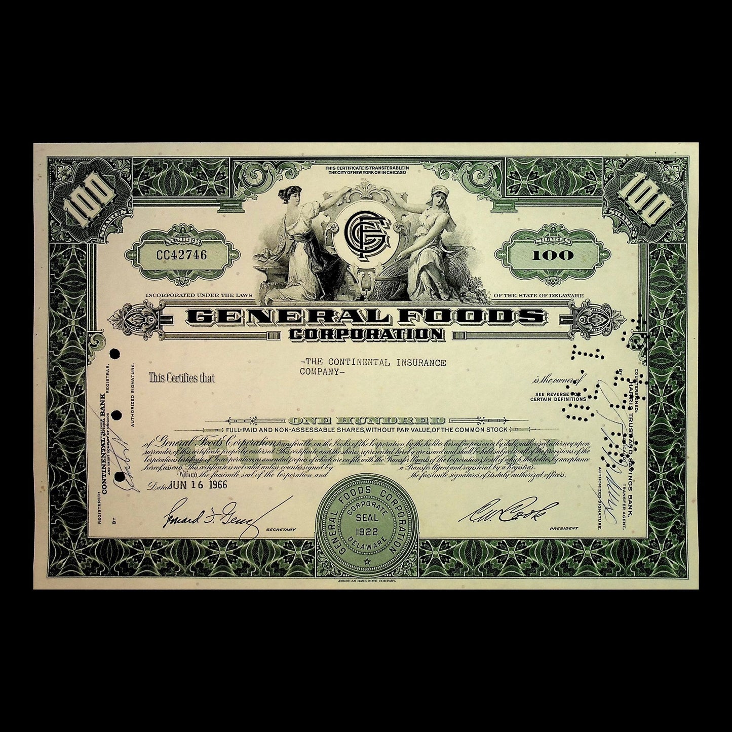 General Foods Corporation Stock Certificates from 1960s (Brown and Green)