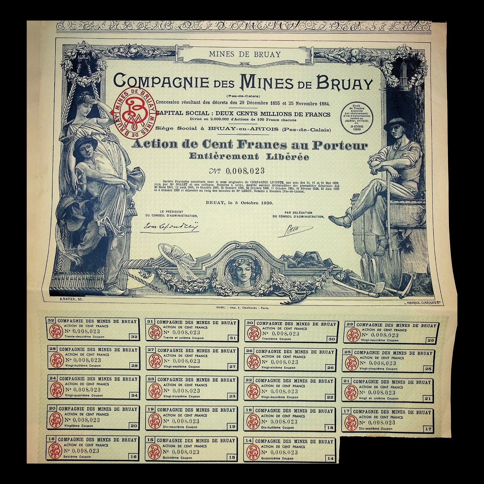 French bond certificate from the Compagnie des Mines de Bruay, featuring intricate illustrations and signatures.