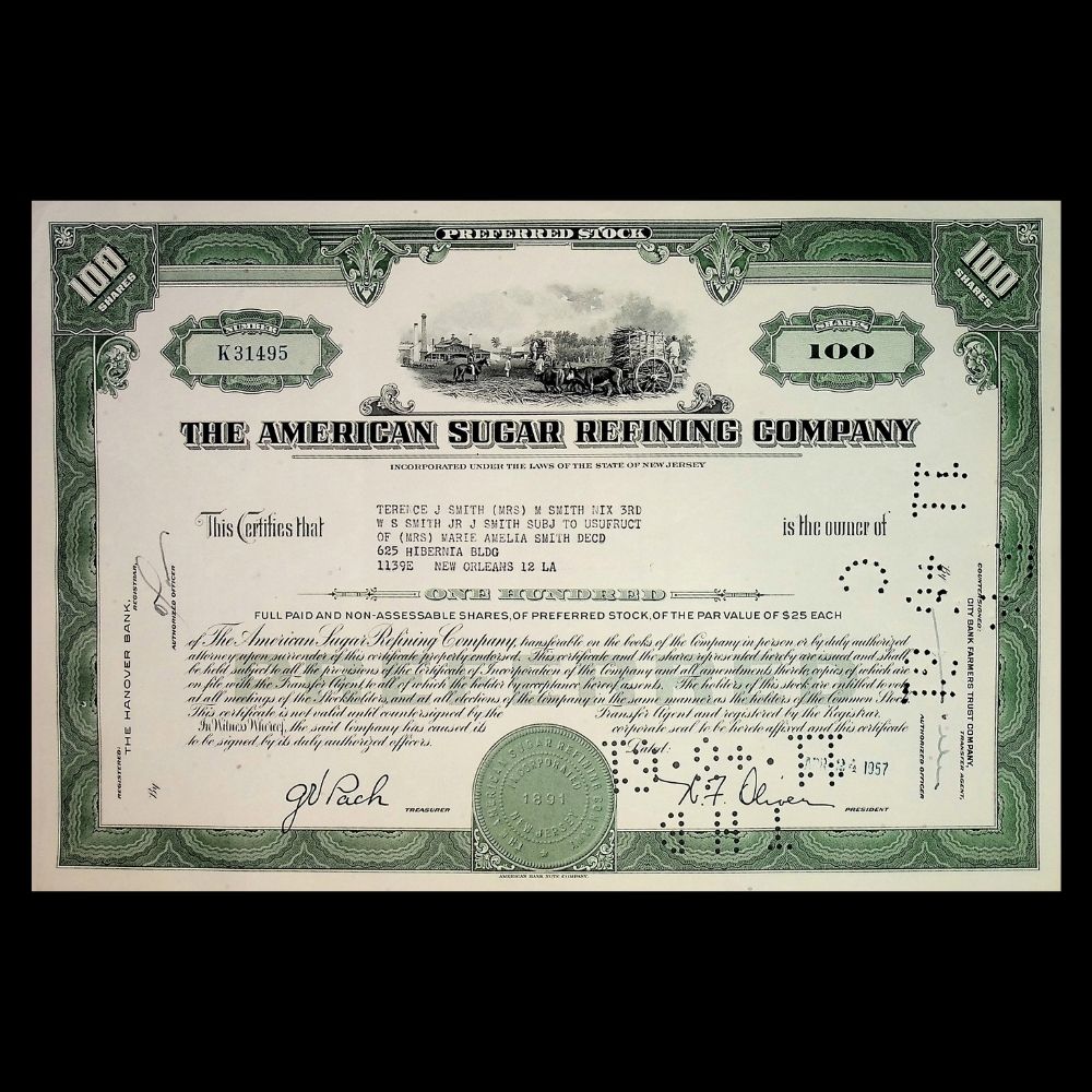 American Sugar Refining (Domino Sugar) Company Stock Certificate from 1950 - 1960s