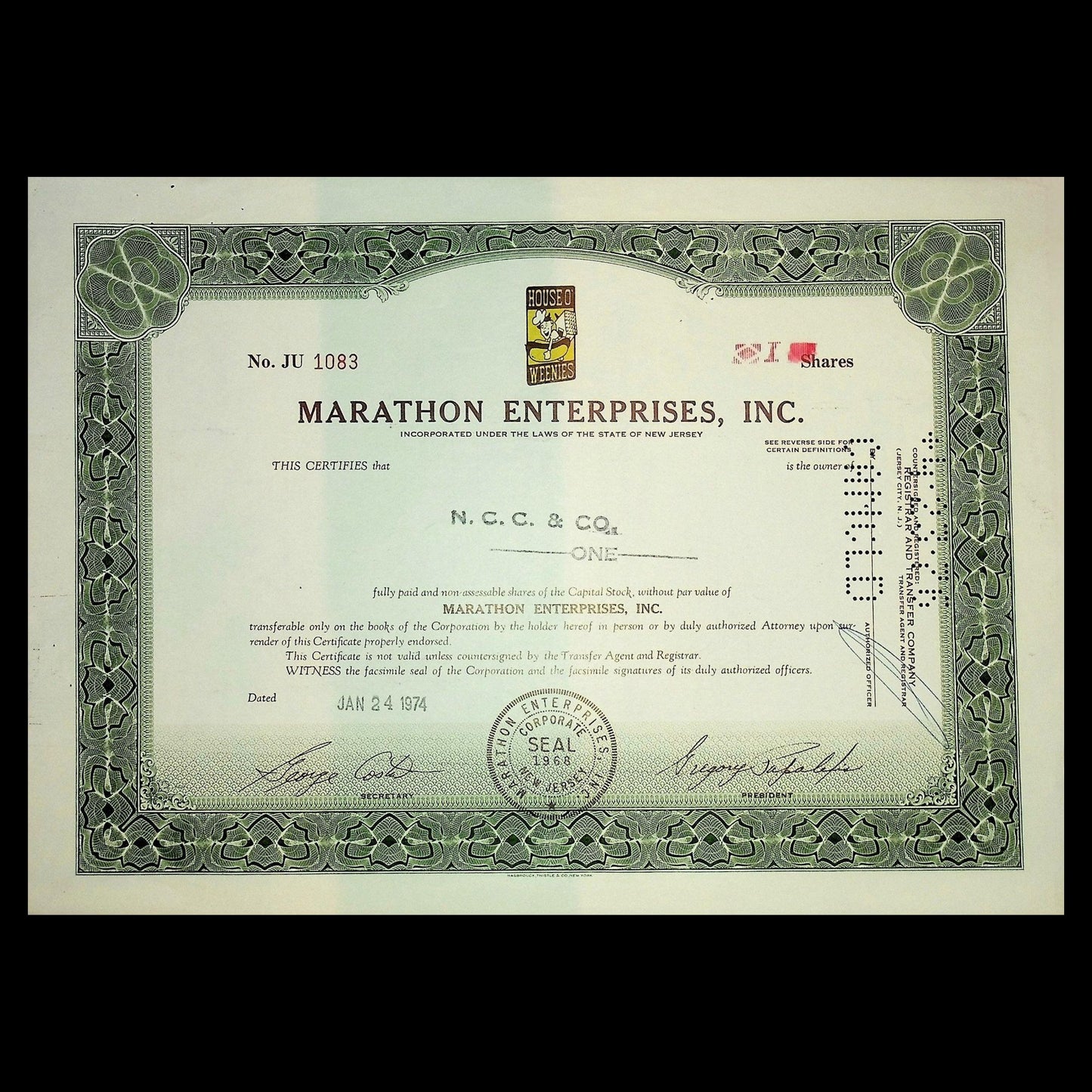 Marathon Enterprises Inc - 现为 Sabrett Hotdogs (House O' Weenies) 股票证书