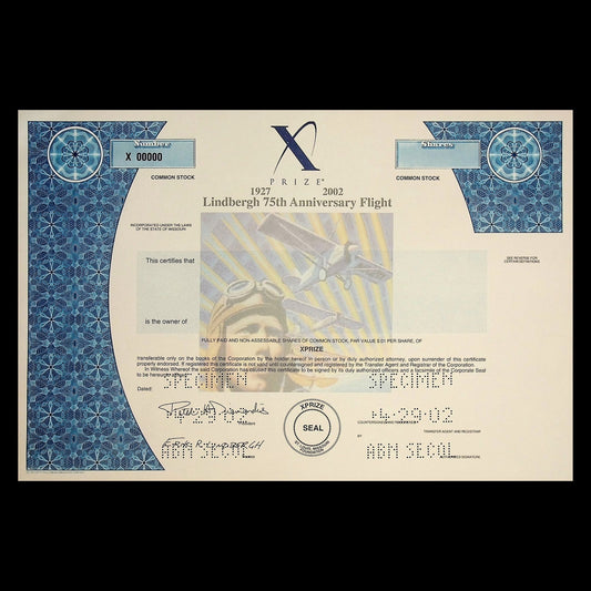 X Prize Lindberg 75th Anniversary Flight Stock Certificate Specimen from 2004