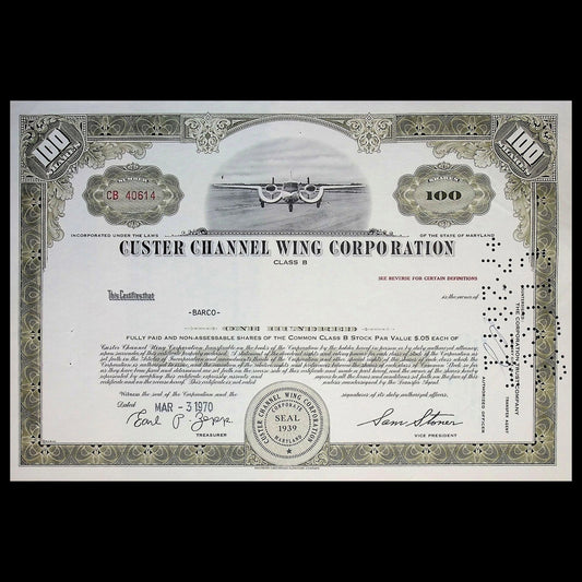 Cluster Channel Wing Corporation Stock Certificate from 1960s