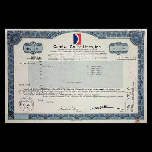 Carnival Cruise Lines, Inc Stock Certificate from 1987