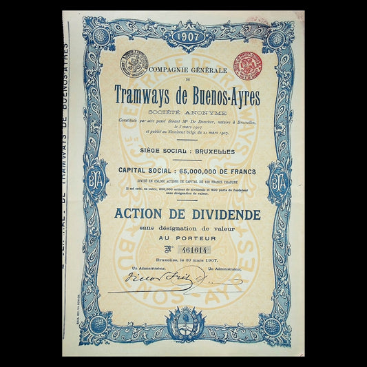 Tramways de Buenos-Ayres Dividend Certificate from 1907