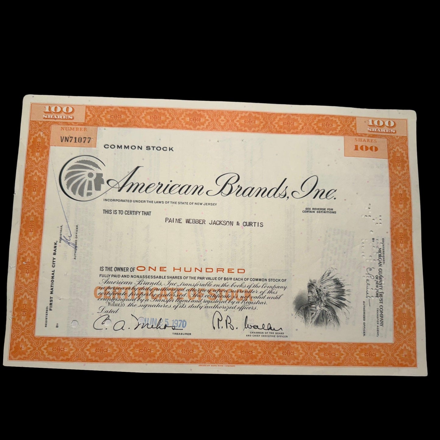 20 世纪 70 年代的 American Brands Inc 股票证书(Lucy Strike + Pall Mall 香烟)