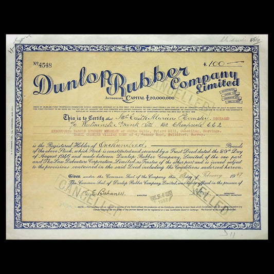Dunlop Rubber Company (Goodyear / Dunlop Sports) Limited Stock Certificate from 1947