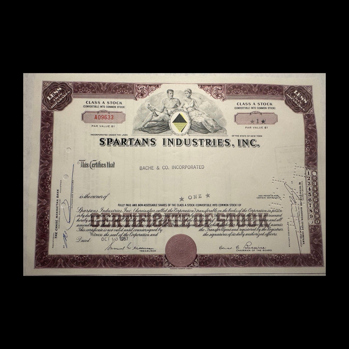 Spartans Industries(前身为 Korvettes 折扣店)Inc 股票证书