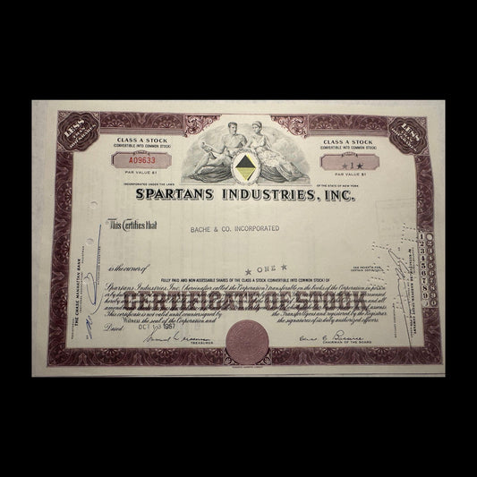 Spartans Industries (fmr Korvettes discount store) Inc Stock Certificate