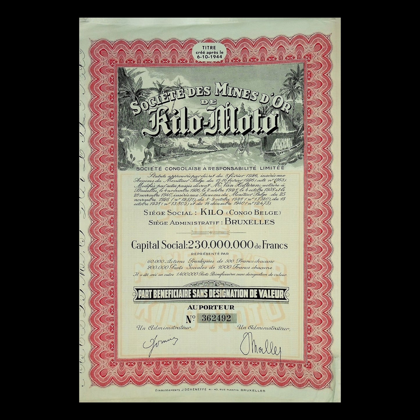 Société des Mines d'Or de Kilo-Moto(刚果金矿)1944 年股票证书