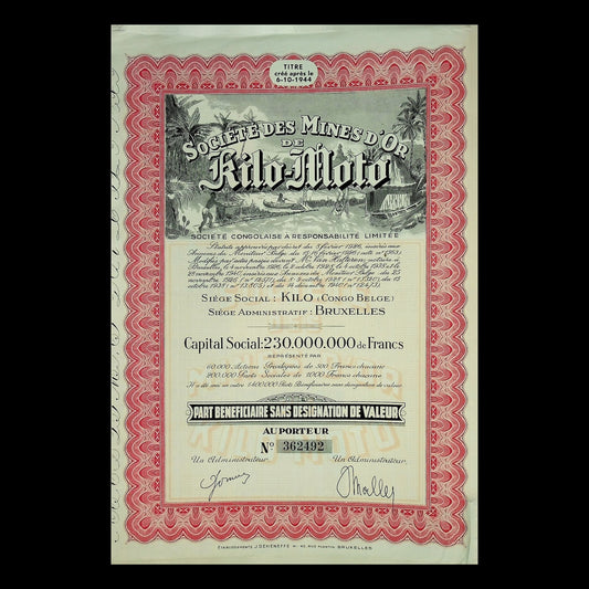 Société des Mines d'Or de Kilo-Moto (Gold mine in Congo) Stock Certificate from 1944