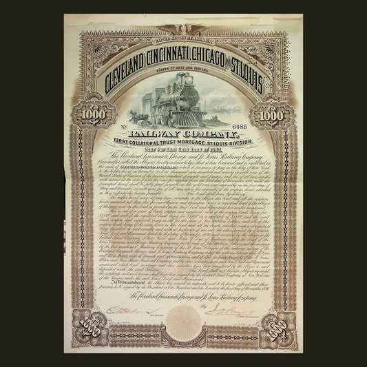 The Cleveland, Cincinnati, Chicago and St Louis Railway Company Bond for $1000 from 1890