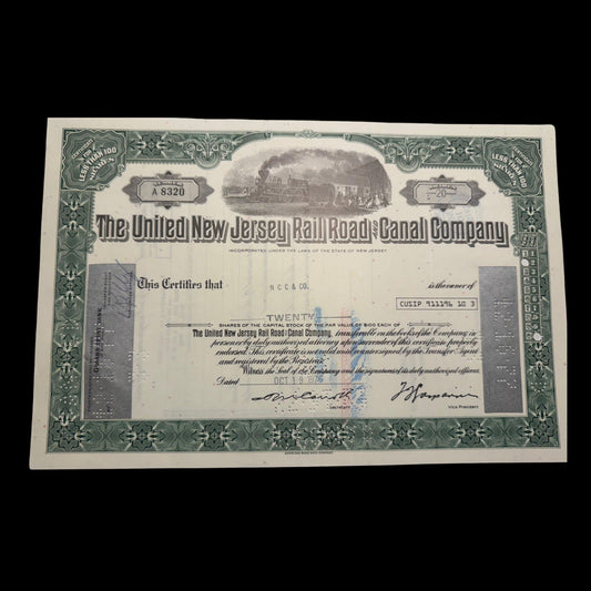 United New Jersey Rail Road and Canal Company (Now NJ Transit) Stock Certificate