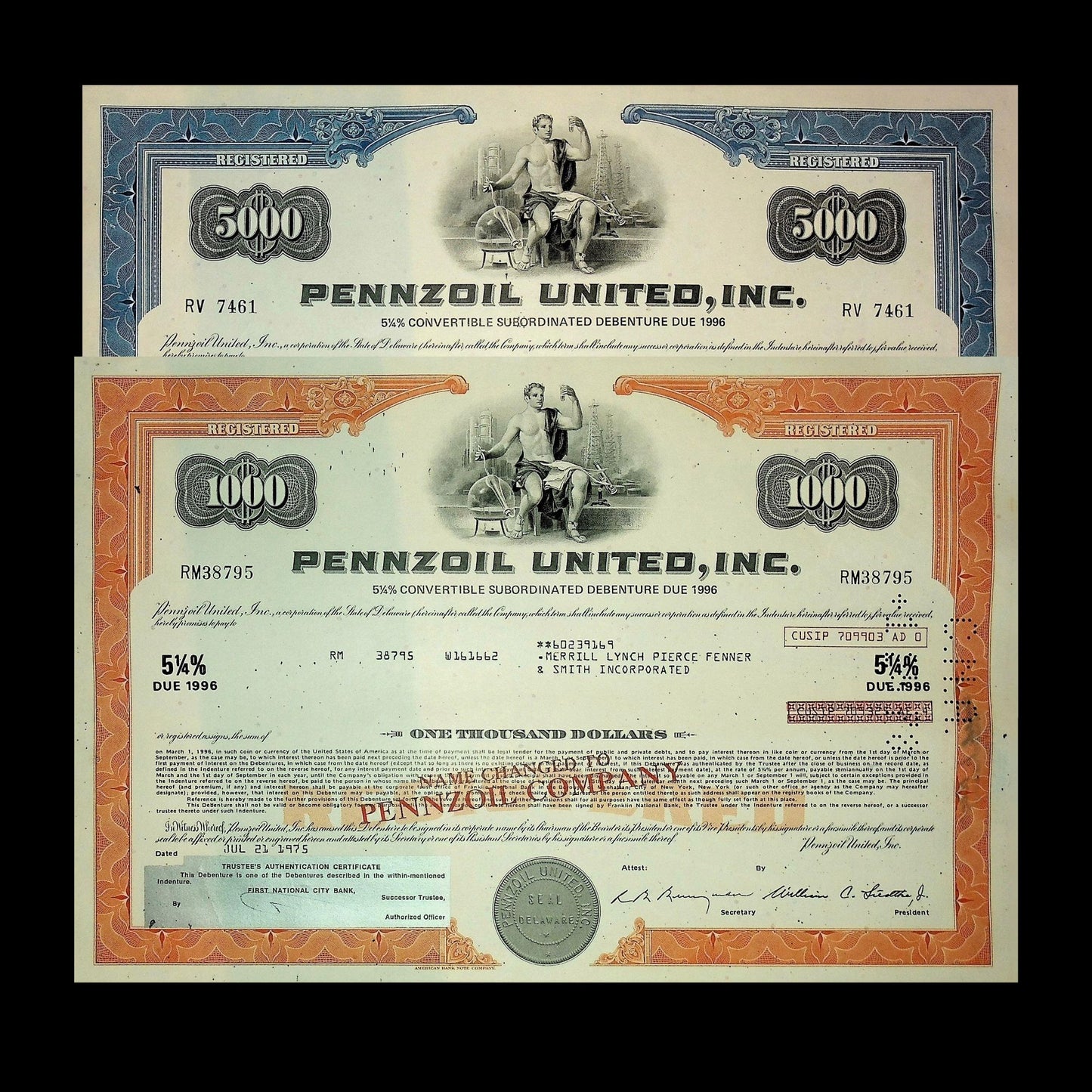 20 世纪 70 年代的 Pennzoil United Inc(现为 Shell)债券证书