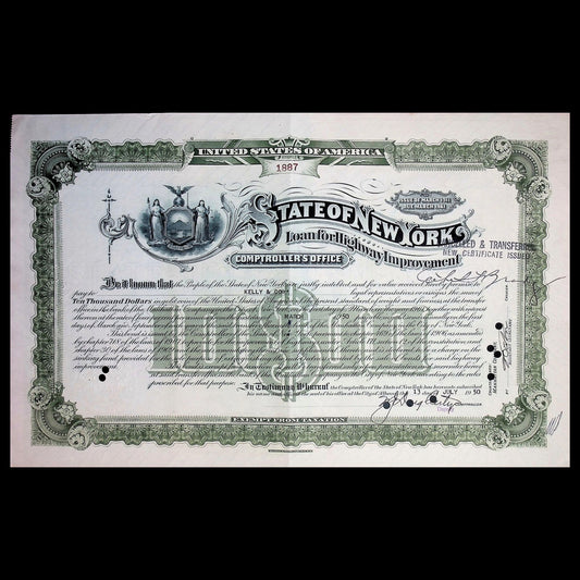 State of New York Loan for Highway Improvement Bond Certificate from 1940/50s