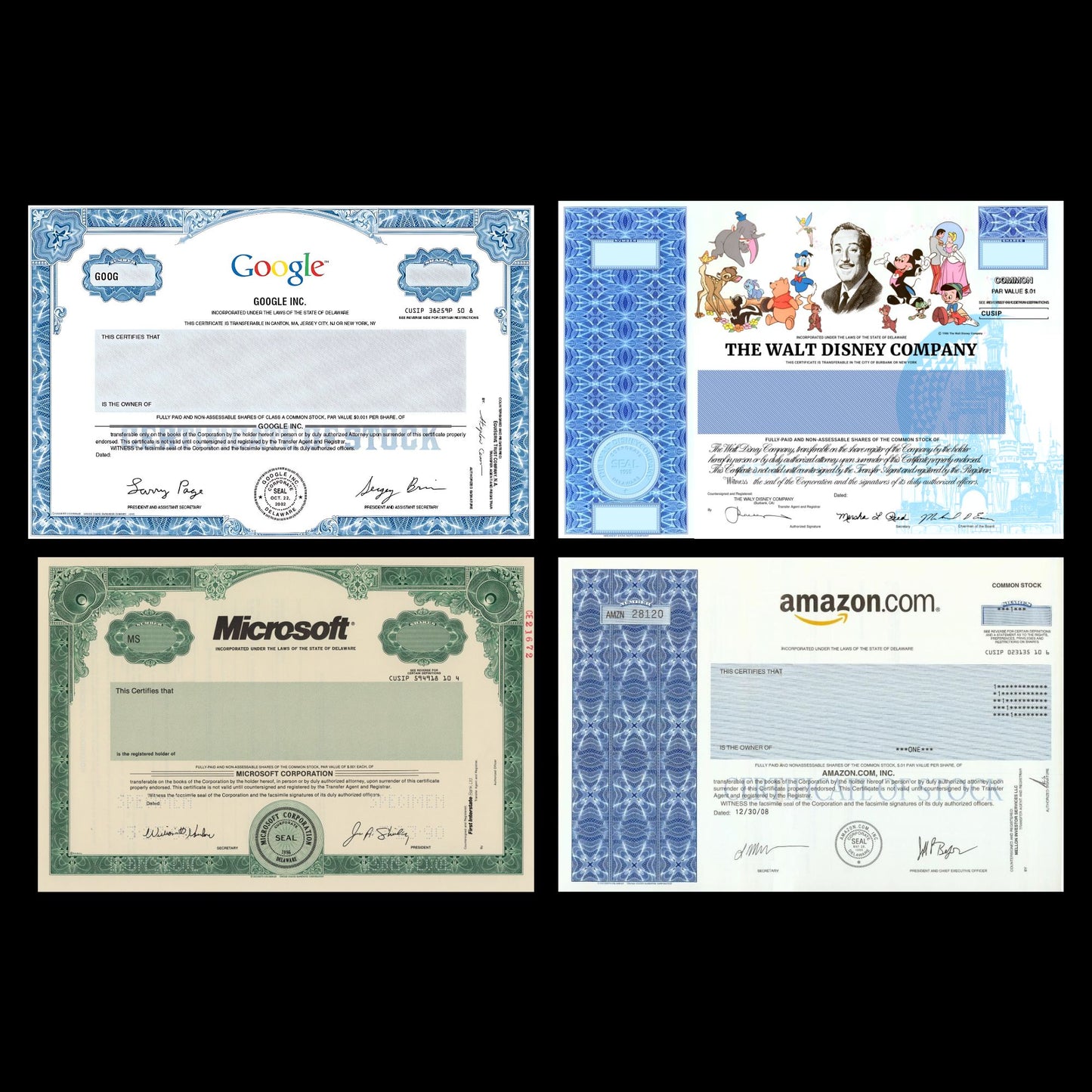 4 份美国标志性公司股票证书复制明信片包