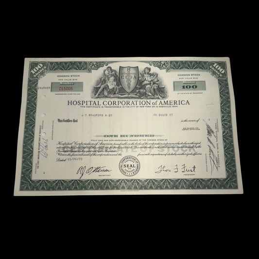 Hospital Corporation of America Stock Certificate from 1970s