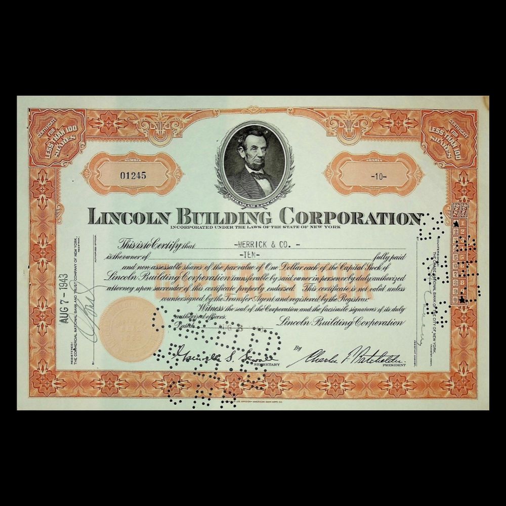 Lincoln Building Company (with Abraham Lincoln's Photo) Stock Certificate - 1 Grand Central Bdlg