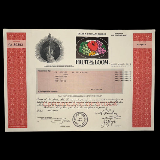 Fruit of the Loom Stock Certificate from 2000s Colorful Fruits & Statue of Liberty