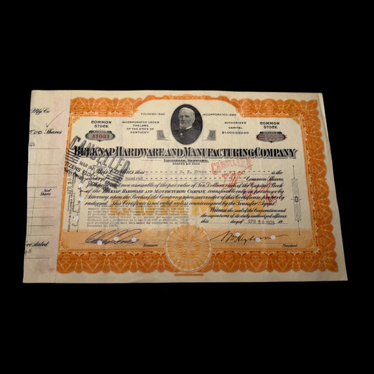 Belknap Hardware and Manufacturing Company Stock Certificate from 1920s