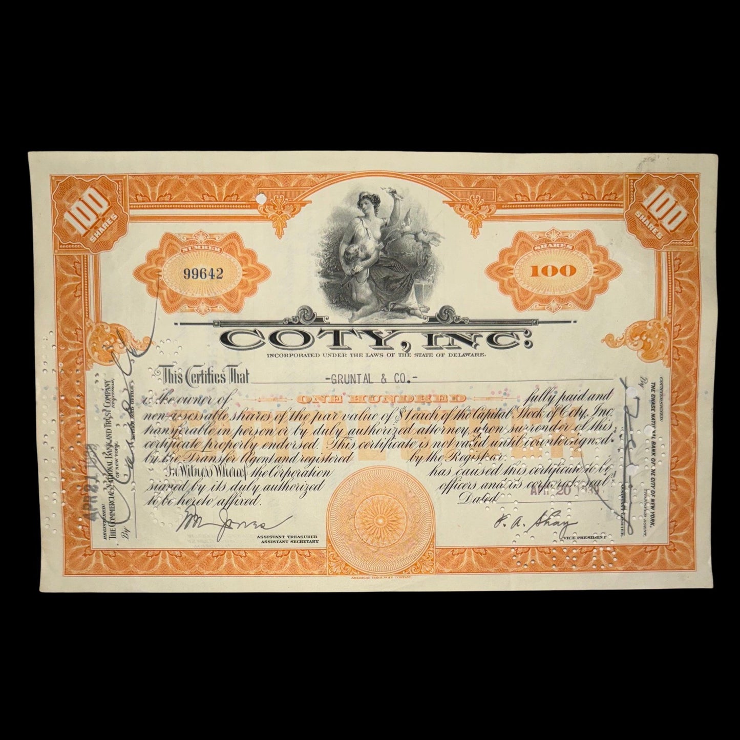 科蒂公司(香水公司) 1939 年股票证书(橙色)