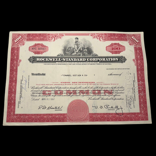 Rockwell-Standard (now Boeing) Corporation Stock Certificate from 1967