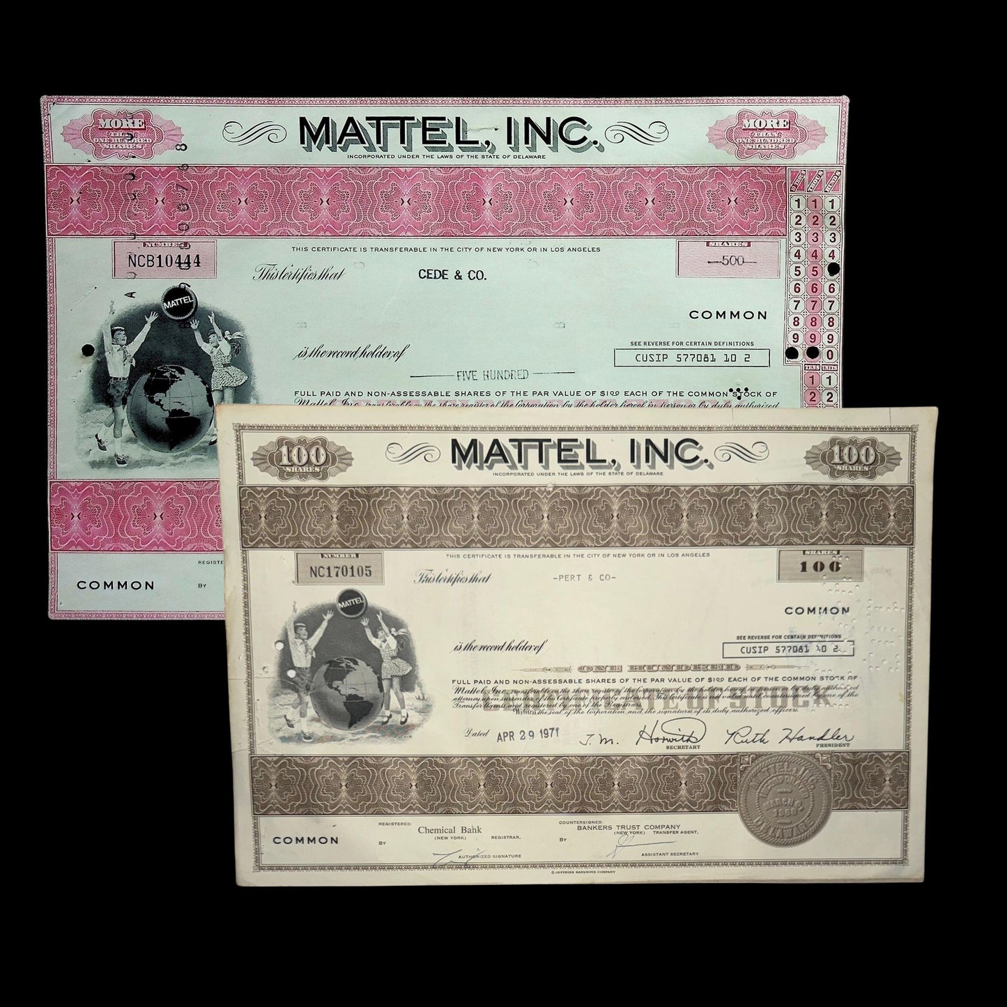 美泰公司股票证书(玩具公司)$MAT,20 世纪 70 年代