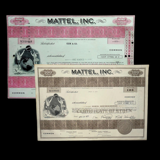 Mattel Inc Stock Certificate from 1970s - Barbie, Hot Wheels, Fisher-Price