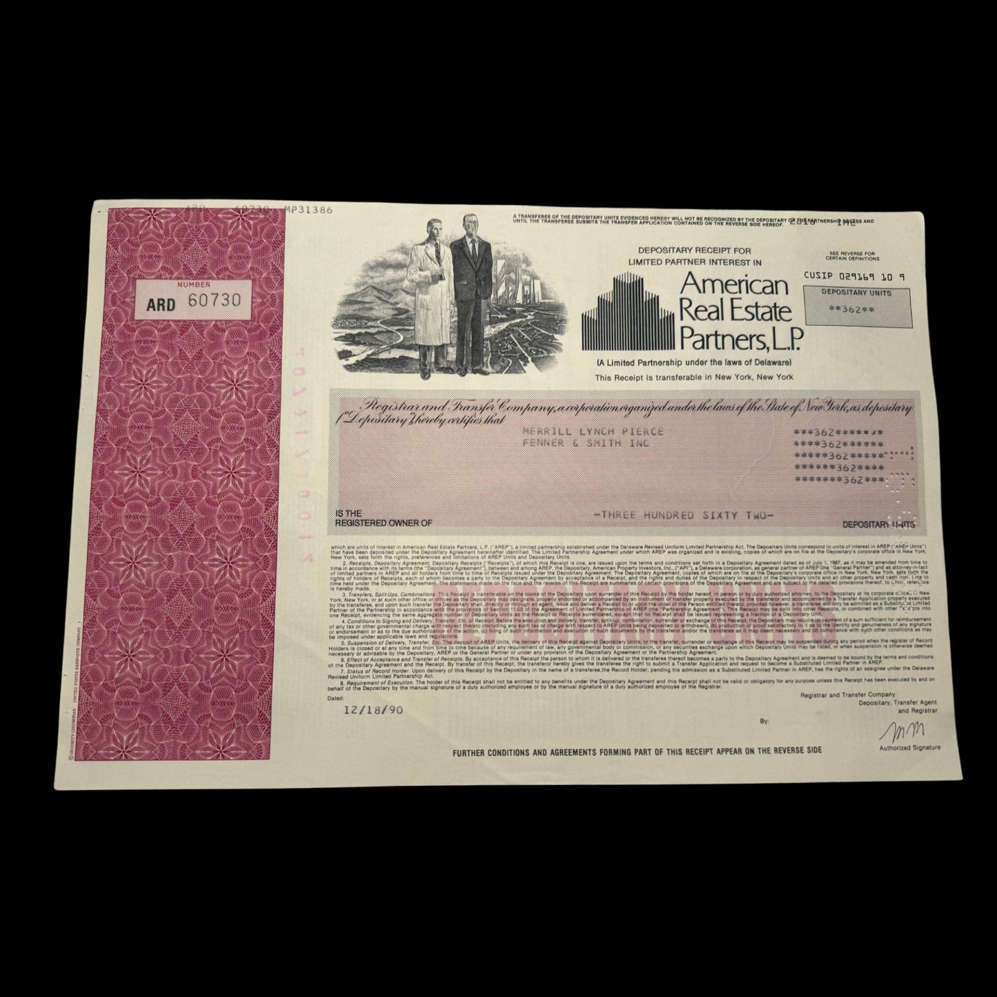 American Real Estate Partners, LP (Carl Ichan owned) Deposit Certificate from 1990
