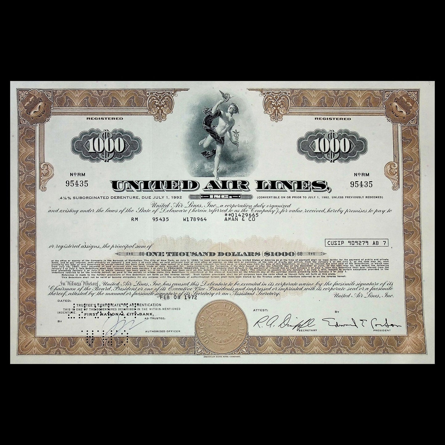 20 世纪 60 年代/70 年代联合航空公司债券证书(多种颜色)