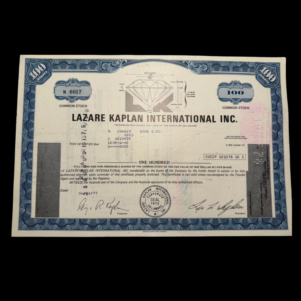 Lazare Kaplan International Inc Stock Certificate (features a diamond) from 1970s