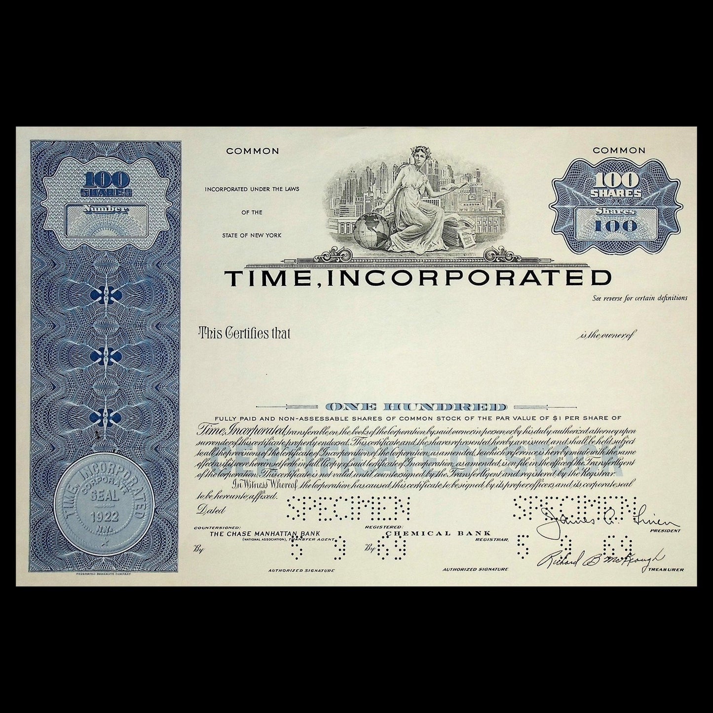 Time, Incorporated Stock Certificate Specimen from 1969