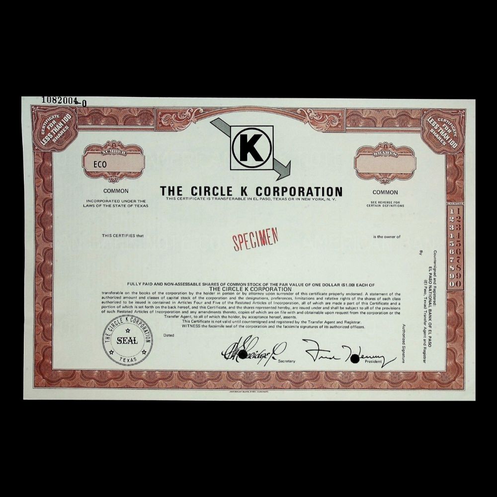 Circle K Stores Corporation 股票证书样本